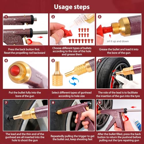 Tire Gun Puncture Repair Kit with Mushroom Plug - Complete Tire Plug Kit for Car, Motorcycle, Tractor, SUV, Truck & ATV - Portable Repair Tool Box