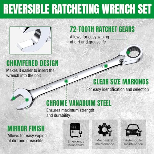 SK Reversible Ratcheting Wrench Set, Combination Wrench Set, 12-Piece, Metric 8-19 mm, 72-Tooth, Premium CR-V Construction, with Rack Organizer - size: 8-19 mm