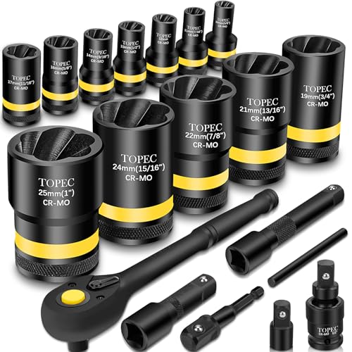 Topec 1/2" Drive Lug Nut Removal Tool, 19-Piece 10-25mm, Impact Lug Nut Extractor Socket Set with Ratchet Handle, Wheel Lock Removal Kit for Damaged, Rounded, Stripped Car Bolt Nuts