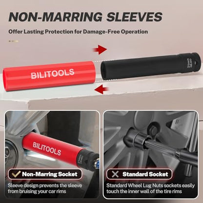 BILITOOLS Extra Long Impact Socket Set, 1/2" 17/19/21mm Lug Nut Socket Set | 3PCS Socket Set CR-MO steel, 6" Length, 6-Point Flank Drive, Color-Coded, Scratch-Proof Sleeve, fits Impact Wrenches - size: 17 19 21 mm