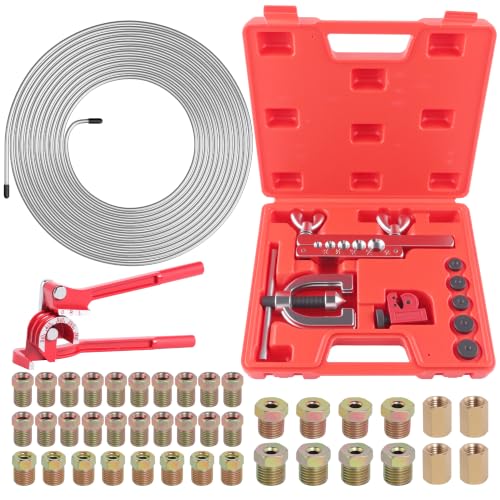3/16" Brake Line Repair Kit, Double & Single Brake Line Flaring Tool Kit + 25ft 3/16 Inch Zinc Coated Brake Line with 40 Pcs Fittings(4 Unions Included) + Brake Line Bender - color: Silver, size: 3/16"