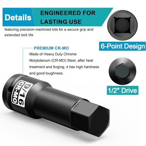 1/2" Drive H9/16-Inch Impact Hex Bit Socket, SAE Allen Bit Socket, Cr-Mo Steel, Removing Loosening Hexagon Bolts - size: 1/2" H9/16 Deep