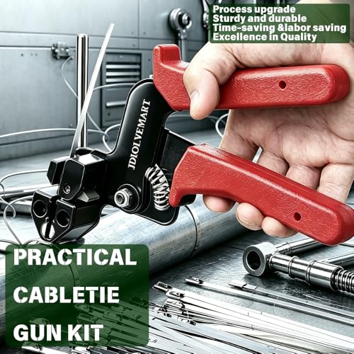 155PCS Heavy Duty 304 Stainless Steel Cable Tie Gun Kit, Includes 150PCS Metal Zip Ties(3 Sizes), Self-Locking, UV & Corrosion Resistant, for Fence, Exhaust Pipe, Chicken Coop, Farm Use (Red)