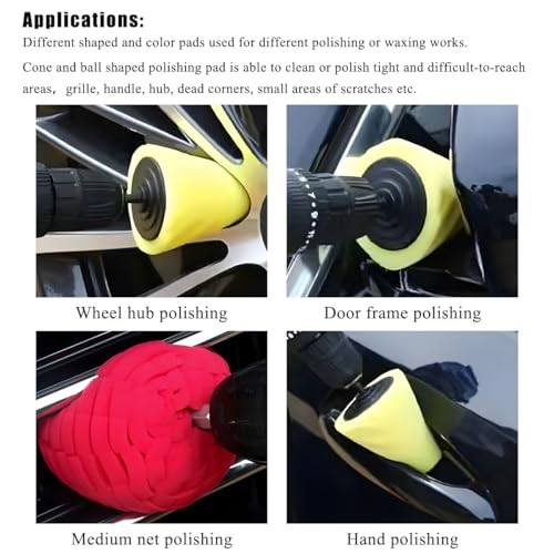Wevdn 6 PCS Car Wheel Hub Drill Buffing Sponge Pads, Sponge Polishing Cone and Ball Pads Kit, Polishers Pads for Vehicle Wheel Hub Cleaning Care Waxing, Universal Car Accessories