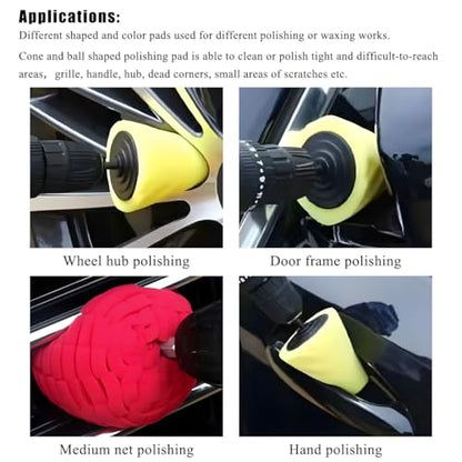 Wevdn 6 PCS Car Wheel Hub Drill Buffing Sponge Pads, Sponge Polishing Cone and Ball Pads Kit, Polishers Pads for Vehicle Wheel Hub Cleaning Care Waxing, Universal Car Accessories
