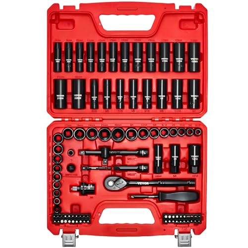 VEVOR 96 Piece 3/8" Drive Impact Socket Wrench and Bit Set, SAE (5/16" to 3/4") & Metric (8 to 22 mm), CR-V, Deep & Shallow, 6 Point, Ratchet, Universal Joint, Bit Holder, Adapters, Spark Plug Socket - style: 3/8" 96 PCS