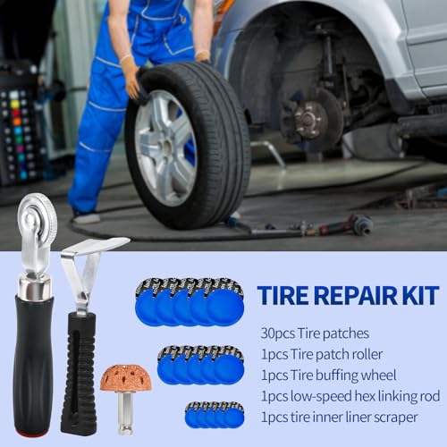 33PCS Tire Repair Patch Tools Tire Patch Kit, 30PCS Tire Patches(32mm/ 42mm/ 58mm with Tire Patch Roller, Tire Repair Buffing Wheel, Tire Inner Liner Scraper for Car Motorcycle Bike