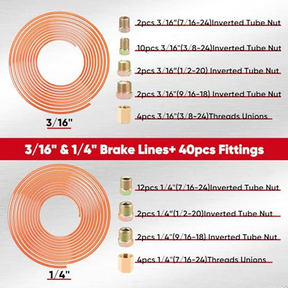 Brake Line Kit, 3/16" & 1/4" Brake Line Flaring Tool Kit, Copper Coated Brake Line (With 32 Fittings and 8 Threads Unions) + Double & Single Flare Tool + Tube Bender - size: 1/4" & 3/16" Brake Line Kit With Bender