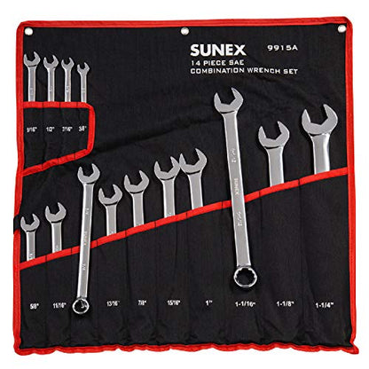 Sunex 9915 V-Groove Fractional Full Polish Combination Wrench Set, 3/8-Inch - 1-1/4-Inch, Fully Polished, 14-Piece (Includes Roll-Case) - size: SAE, style: V-Groove Fractional Combination Wrench Set 14-Piece