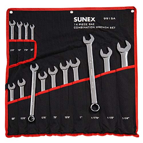 Sunex 9915 V-Groove Fractional Full Polish Combination Wrench Set, 3/8-Inch - 1-1/4-Inch, Fully Polished, 14-Piece (Includes Roll-Case) - size: SAE, style: V-Groove Fractional Combination Wrench Set 14-Piece