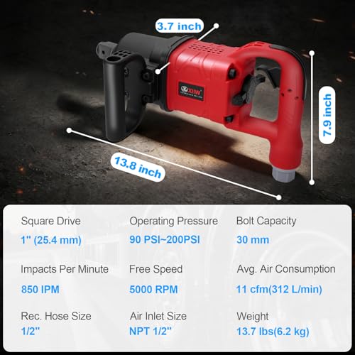 1 Inch Air Impact Wrench, Up to 3000ft-lbs Torque, 5000RPM 1'' Impact Gun | 13.7 lbs Lightweight Pneumatic Impact Wrench with 2 D Handles, 1/2'' Air Inlet for Heavy Duty Repairs - size: 1 Inch | 3000 ft-lbs