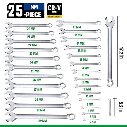 SK Combination Wrench Set, SAE 1/4" to 1-1/4", Metric 6 to 32mm, 42-Piece, SuperKrome Finish, Premium CR-V Construction, with Rolling Pouch - size: Metric&SAE (6 to 32mm & 1/4" to 1-1/4")