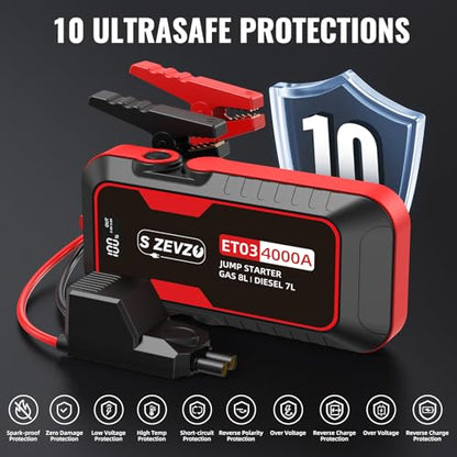 S ZEVZO ET03 4000A Car Jump Starter Jump Starter Battery Pack for Up to 8.0L Gas and 7.0L Diesel Engines, 74Wh Portable 12V Jump Box with USB Ports, LCD Display, Storage Case, and LED Light