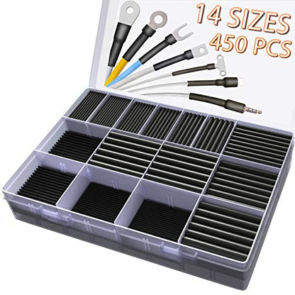 450 Pcs Heat Shrink Tubing Kit, 14 Sizes Black Heat Shrink Tube, Shrink Ratio Electric Heat Shrink - color: Black