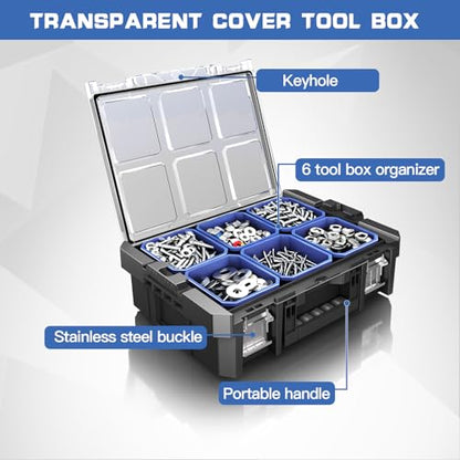18 Inch Clear Lid Tool Box | AIRAJ Stackable Modular Tool Organizer Box Storage System | Garage Storage | Home Repair | Professional Use | (SC1-F) - size: 505F-Transparent Lid