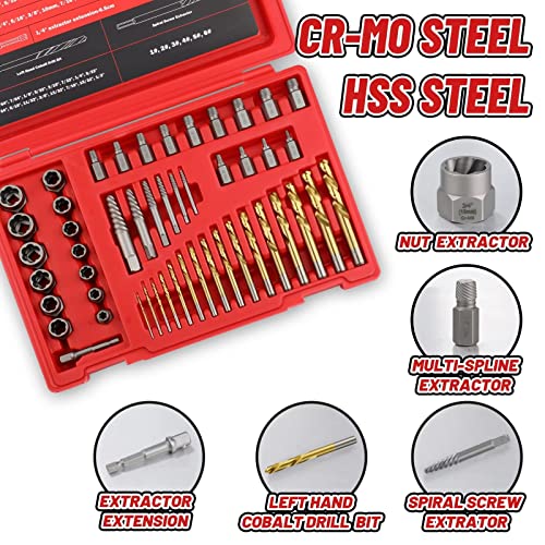53 Pcs Spiral Screw Bolt Extractor Set Left Hand Drill Bit | 6542/4341 HSS Easy Out Bolt Extractor Set Multi-Spline Stripped Bolt Remover for Broken Rusted Nuts Bolts - size: 53Pcs