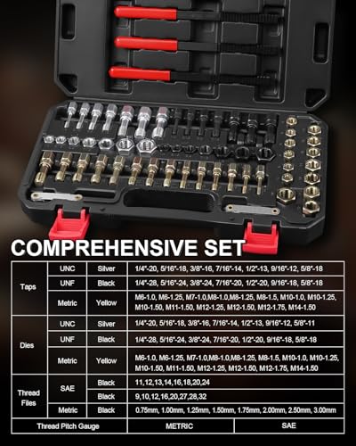 Kolvoii 61-Piece Thread Restorer Kit, Metric & SAE Thread Chaser Set with Taps, Dies, Files & Pitch Gauges – UNC, UNF, Metric Rethread Damaged Threads on Bolts, Nuts & Holes - size: 61 PCS Metric & SAE