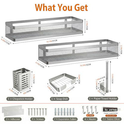 PUSDON 5-in-1 16.5" Extra Long Slim Wall Mount Wrapped Mesh Kitchen Organizer & Shower Caddy Kit, with Paper Towel Holder, Utensil Holder, Soap Dish, Holds 50LBS - Silver Gray, Netting - color: Silver Grey, size: 5-in-1 Full Mesh (16.5" Extra Long)