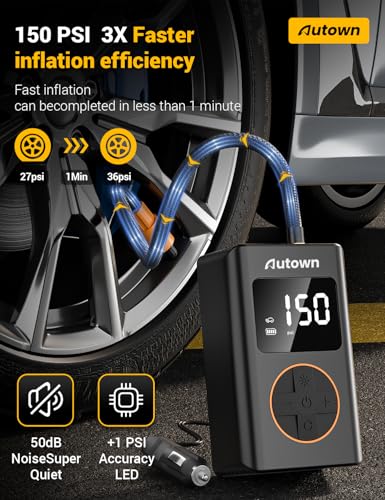 AUTOWN Flat Tire Repair Kit with Air Compressor, Professional Tire Plug Kit | 120PSI Portable Air Pump with Auto-Stop & LED, Heavy Duty Emergency Tool for Car, Truck, Motorcycle, SUV, ATV, Tractor, 54pcs