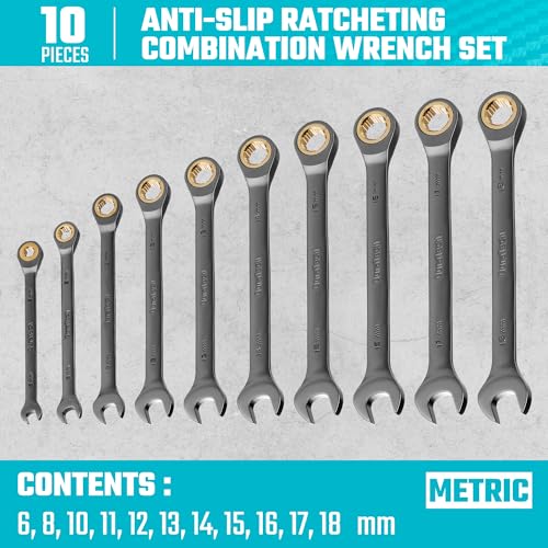 DURATECH Anti-Slip Ratcheting Wrench Set, Combination Wrench Set, 10-Piece, Metric 6-18mm, 72-Tooth, Nickel Plating, CR-V Steel, with Pouch - size: 6.0-18.0mm, style: Anti-slip