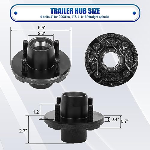 2 Sets Trailer Idler Hub Kit 4 on 4 Bolt Pattern for 2000 lb Axles, Includes 1" and 1-1/16" Bearings with Pre-Installed Races, Reliable Performance for Boat and Utility Trailers - size: 4 on 4" 2000 lbs