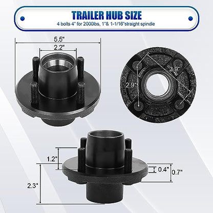 2 Sets Trailer Idler Hub Kit 4 on 4 Bolt Pattern for 2000 lb Axles, Includes 1" and 1-1/16" Bearings with Pre-Installed Races, Reliable Performance for Boat and Utility Trailers - size: 4 on 4" 2000 lbs