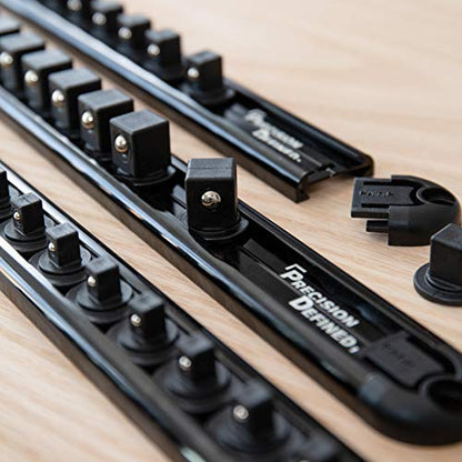 Precision Defined Aluminum Tool Socket Holder 3-Piece Set | Black, 1/4-Inch x 16 Clips, 3/8-Inch x 16 Clips, 1/2-Inch x 14 Clips | 360 Rotation - Heavy Duty Socket Rails Organizer, Socket Storage - color: Black