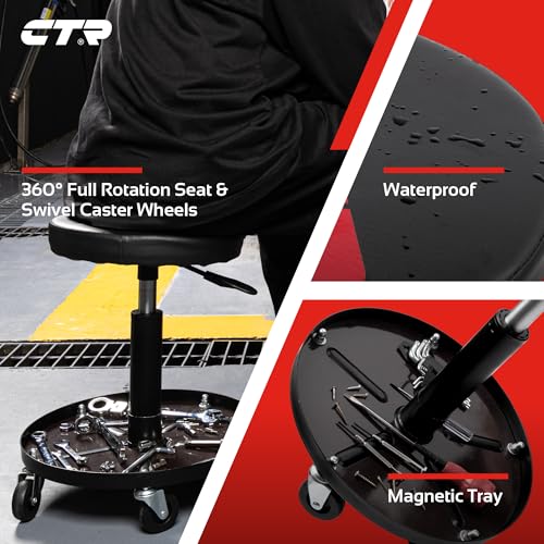 CTR Rolling Mechanic Shop Stool with Magnetic Tray, Heavy Duty Garage Stool