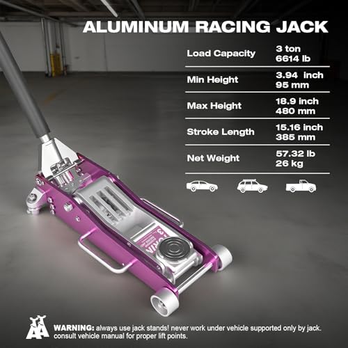 Torin 3 Ton (6,000 lb) All Aluminum Floor Jack with Dual Piston Quick Lift Pump, Pink, Ideal Gift