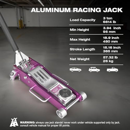 Torin 3 Ton (6,000 lb) All Aluminum Floor Jack with Dual Piston Quick Lift Pump, Pink, Ideal Gift