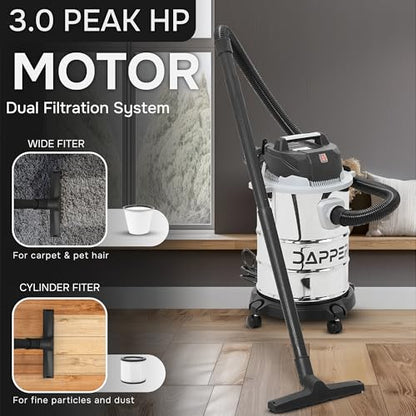 Dapper Supply 6 Gallon 3.0 Peak HP Wet/Dry Vacuum, Stainless Steel Tank, 3 in 1 Function Portable Shop Vacuum with Attachments, Ideal for Jobsite, Garage & Workshop. - size: 6 Gal