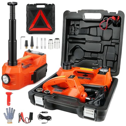 Electric Car Jack, 5 Ton Hydraulic Floor Jack with Electric Impact Wrench, Tire Inflator & LED Light, Lift Range 6.1-17.7 Inch, Emergency Roadside Tire Changing Kit for SUV Sedan Truck - color: 5T Orange Jack + Impact Wrench