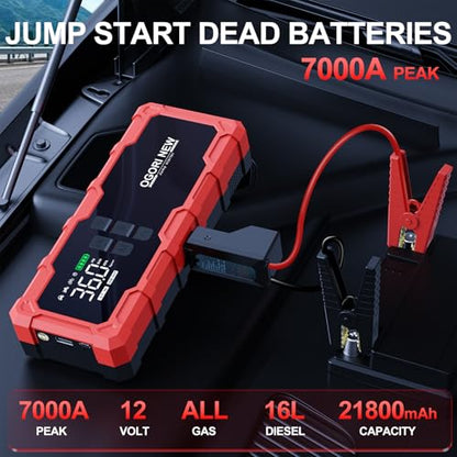 7000A Jump Starter with Air Compressor, 21800mAh 150PSI Portable Car Battery Jump Starter (All Gas/16L Diesel), 12V Supersafe Jump Box Car Battery Booster with Jumper Cables, Lights - size: M