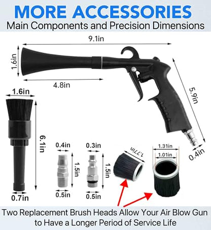 Car Cleaning Gun,High Pressure Air Blow Gun,Fast Interior Dryer Car Detailing Kit,Car Detailing Tools for Quickly Blowing Dust and Dirt Away Working with Compressed Air(2 MORE REPLACEMENT BRUSH HEADS)