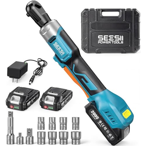 Seesii 3/8" Cordless Ratchet Wrench Set, 60 ft-lbs (80Nm) High Torque Electric Ratchet, 21V Max & 2×2.0Ah Batteries, 300 RPM, Fast Charger, LED Work Light,10–17mm Socket Set, Extension Bar & Case - size: 2 in