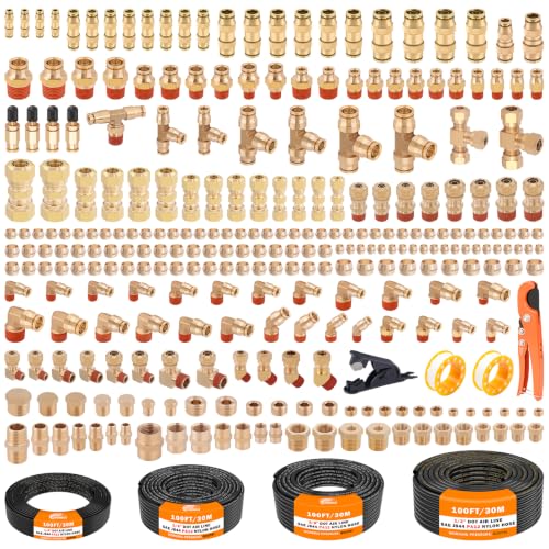 CheeMuii 288 PCS Brass DOT Air Line Fittings Pipe Fittings with 4 Rolls 100FT 1/8" 1/4" 3/8" 1/2" DOT Air Lines Kit Brass Push Lock Air Fittings Compression Air Fittings with Air Hose Pneumatic Tubing - size: 100FT-4ROLL-288PCS