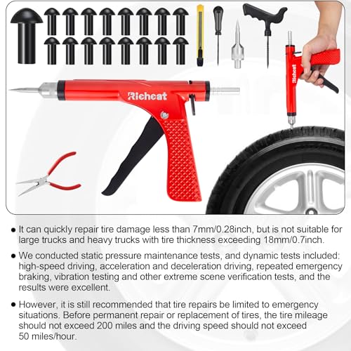 Richcat Tubeless Tire Puncture Repair Kit with Mushroom Plug, Repairs punctures and Flat Tires for Motorcycles, Cars, Trucks, ATVs,Gun Puncture Repair Kit - size: 32 Mushroom Plug Kit