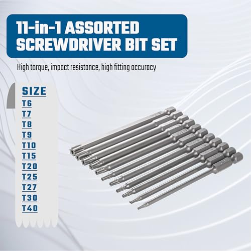 VESTTIO Security Torx Bit Set 11PCS 1/4 Inch Hex Shank 4 Inch/100 mm Length S2 Steel Extended Tamper Proof Star Bit Set with Magnetic for Power Screwdriver Drill Impact Driver - size: T6-T40/4 inch