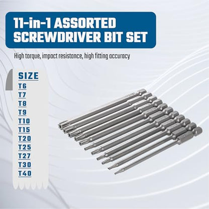 VESTTIO Security Torx Bit Set 11PCS 1/4 Inch Hex Shank 4 Inch/100 mm Length S2 Steel Extended Tamper Proof Star Bit Set with Magnetic for Power Screwdriver Drill Impact Driver - size: T6-T40/4 inch