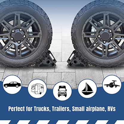 HOXWELL Solid Heavy Duty Rubber Wheel Chocks 4 Packs, Premium Wheel Stopper for Car, Travel Trailers, RV, Truck, and ATV(4 pcs, Black) 8" x 4" x 6" - color: Black 4 pack