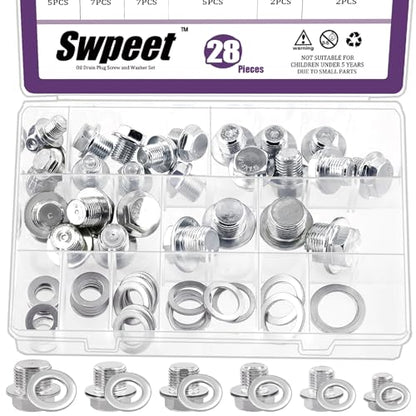 Swpeet 56Pcs M10 M12 M14 M16 M18 M20 Metric Steel Oil Drain Plug and Aluminium Washer Gasket Assortment Kit, Oil Crush Washers Seals Kit Compatible with Jeep GM Ford Toyota Most Cars