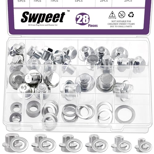 Swpeet 56Pcs M10 M12 M14 M16 M18 M20 Metric Steel Oil Drain Plug and Aluminium Washer Gasket Assortment Kit, Oil Crush Washers Seals Kit Compatible with Jeep GM Ford Toyota Most Cars