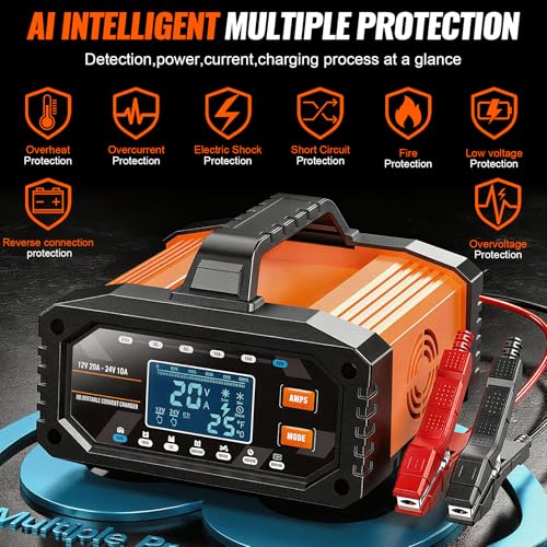 Car Battery Charger 20A 12V/24V Adjustable Current 0.5A-20A LiFePO4 Lead Acid Fully Automatic Battery Maintainer, Smart Trickle Charger with Pulse Repair, Winter Mode, for AGM Gel Deep Cycle Batteries