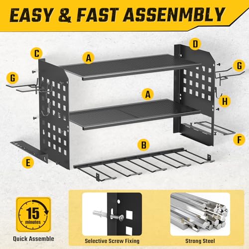 SUNALLY Power Tool Organizer, Heavy Duty Wall Mount Tool Organizer 3 Layers with 4 Drill Holders, Garage Tools Storage Rack with 2 Side Pegboards and Hooks for Workshop, Shed, Black - style: 4 Drill Holders C