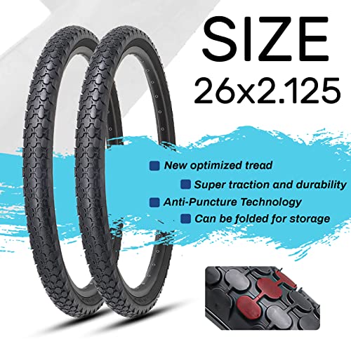 Hycline 2-Pack Cruiser Bike Tires Set: 24/26x2.125 inch Folding Replacement High-Performance Wear-Resistant Tires with Inner Tubes & Tire Levers for Beach & Urban Commuter Bikes - color: Black Set-26x2.125