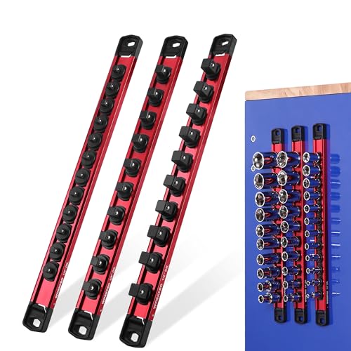 WORKPRO Magnetic Socket Organizer Set, 1/2" 3/8" 1/4" Drive Aluminum Alloy Socket Holder with Removable Socket Clip for Quick Customization, 3PC Socket Rail for Tool Box Drawer (Socket Excluded) - color: Red, size: 3 Pieces-1/4", 3/8" & 1/2" DR