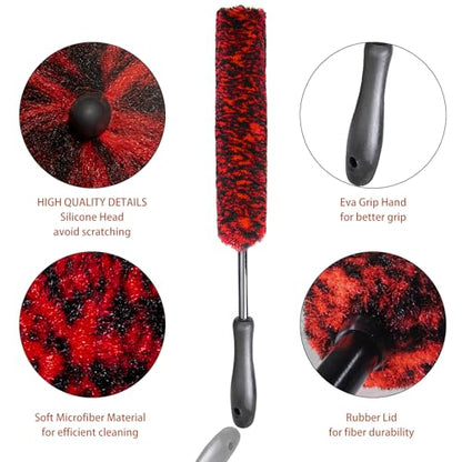 Metal Free Soft Wheel Cleaner Brush, Synthetic Wool Car Cleaning Brush, Highly Water Absorption, Dense and Durable Tire Brush for Cleaning Wheels, Rims, Spokes, Fenders, Engines… - color: black+red