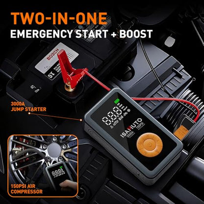 Jump Starter with Air Compressor, Portable Car Battery Jump Box with 150PSI Tire Inflator, 3000A Battery Booster for 8L Gas/6L Diesel Engines, 12000mAh Power Bank