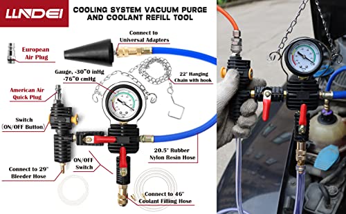 LLNDEI Coolant Radiator Pressure Tester Kit 28PCS Radiator Pressure Tester Pneumatic Vacuum Cooling System Purge Refill Leak/Refiller Set, Universal Automotive Domestic/Import Vehicles, Motorcycle
