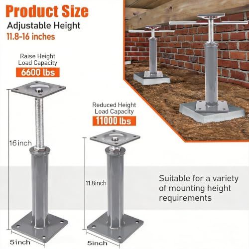 2 Pack Adjustable Screw House Jacks, 11.8"-16" Range, 11000 lbs Max Load, Floor Post Jack for House Leveling - size: 2 Pack
